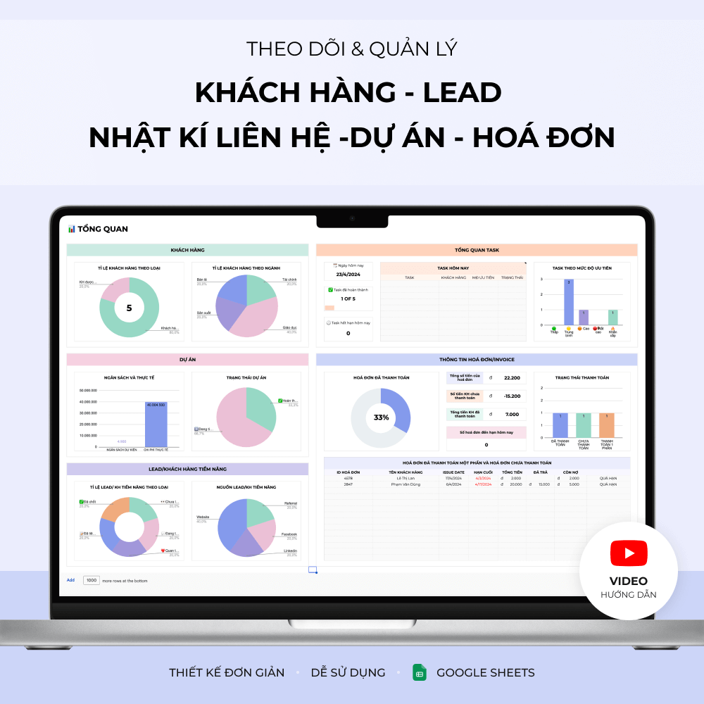 Alternative view of Quản lý khách hàng, lead, task, nhật kí liên hệ, dự án & hoá đơn spreadsheet template