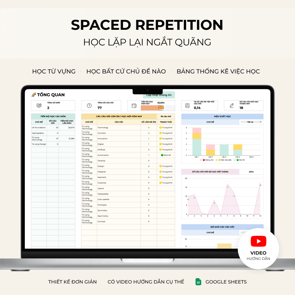 Alternative view of Học từ vựng & mọi thứ với Spaced Repetition – Google Sheets Template