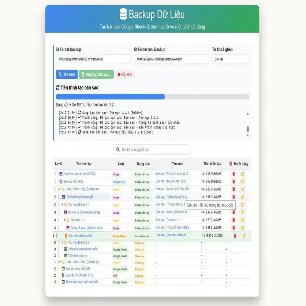 Alternative view of Tạo bản sao Drive, Folder & Google Sheets